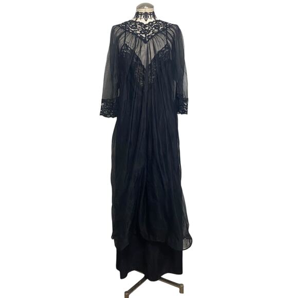 Gorgeous Vintage 1980s Chiffon Night Gown Slip & Robe Set Sheer Lace Gothic - Picture 1 of 16
